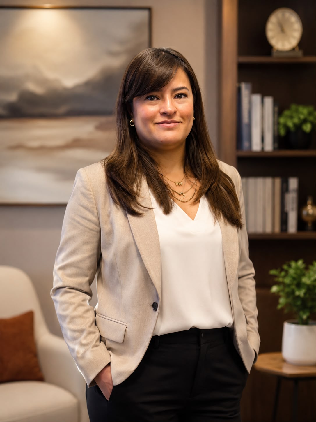 Nayeli Acosta, psicóloga, de pie en su consultorio de terapia humanista
